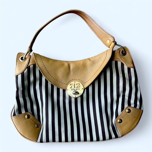 Henri Bendel 712 5th Ave Striped Canvas & Leather Hobo Bag | A fine heritage - Picture 1 of 4